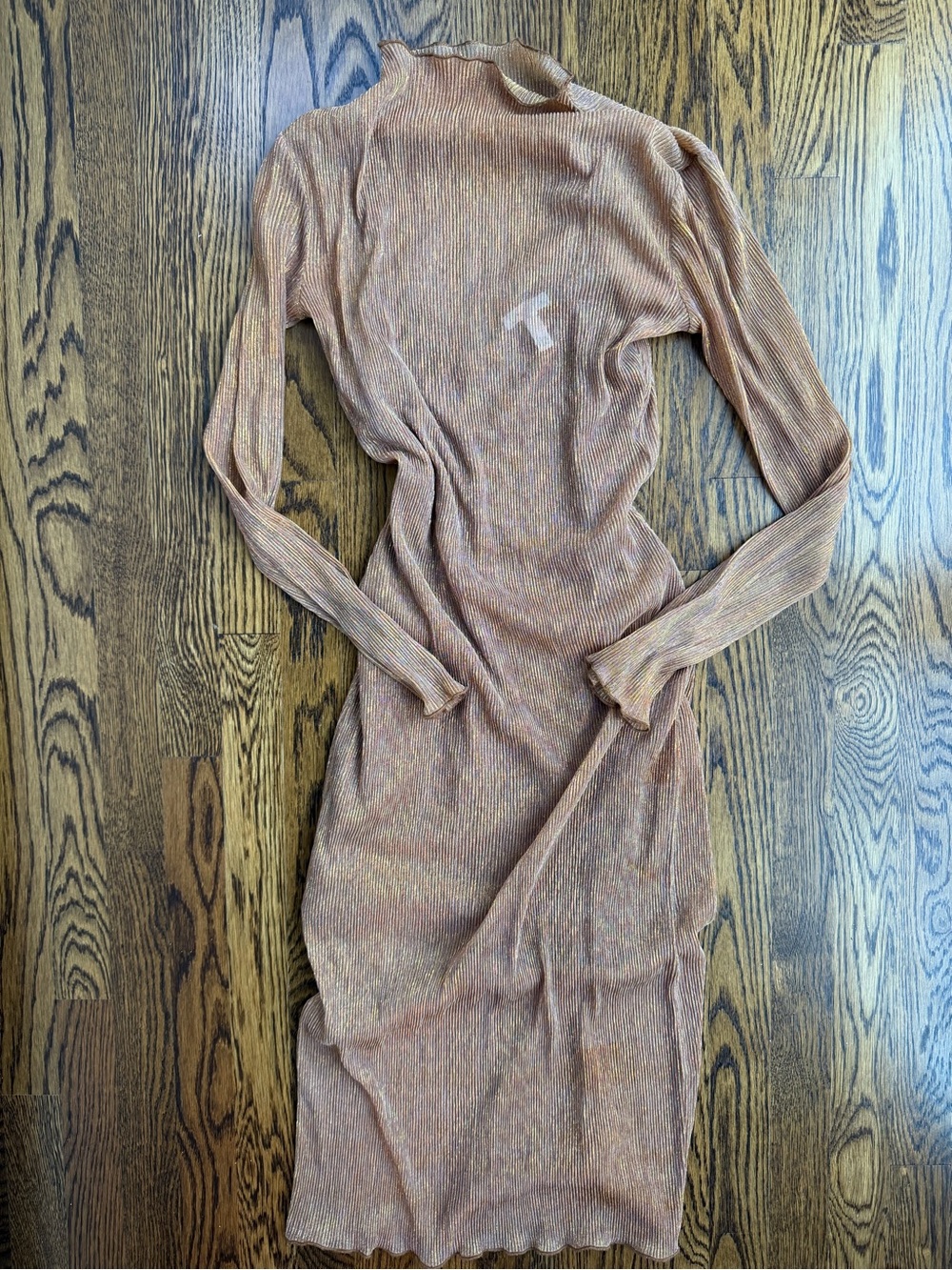 Leith Metallic Gold Ribbed Long Sleeve Mock Neck Fairy Whimsigoth Sheer Dress